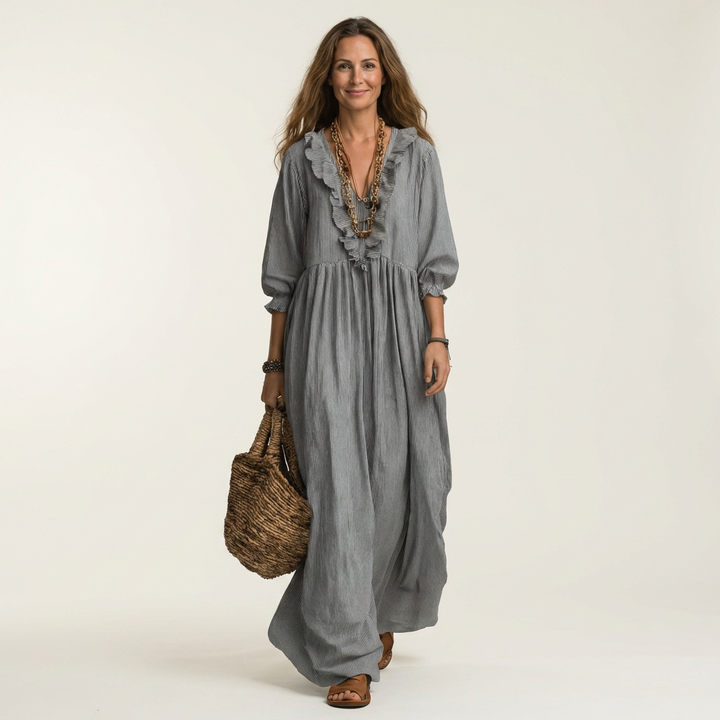 Yosetta | Vestido Maxi a Rayas con Escote en V con Volantes