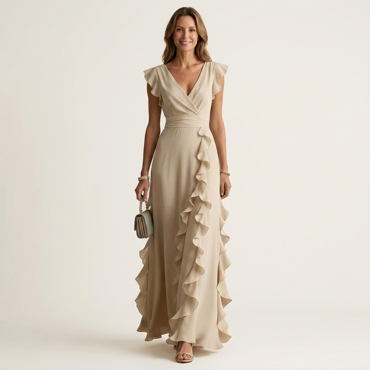 Nellyana | Vestido Maxi con Escote en V en Wrap con Mangas Flutter y Volantes Cascadantes