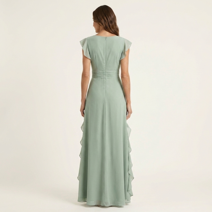 Nellyana | Vestido Maxi con Escote en V en Wrap con Mangas Flutter y Volantes Cascadantes