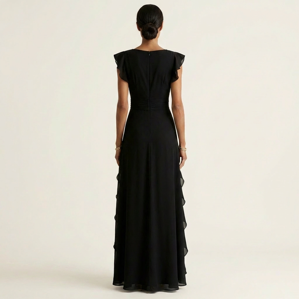 Nellyana | Vestido Maxi con Escote en V en Wrap con Mangas Flutter y Volantes Cascadantes