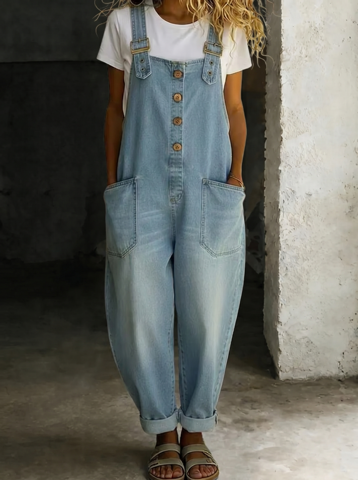 Carmen - Mono de denim vintage en algodón suave con tirantes ajustables