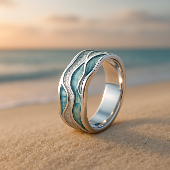 Anillo de Plata Elegante Turquesa con Motivos de Olas