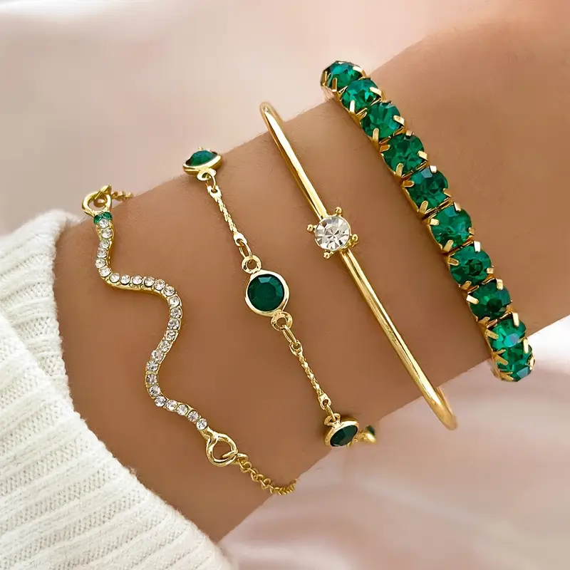 Luna | Conjunto de pulseras vintage verdes elegantes con cristales
