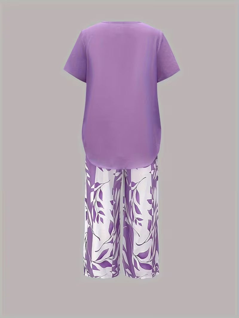 Avy™ | Conjunto de dos piezas casual con estampado de hojas