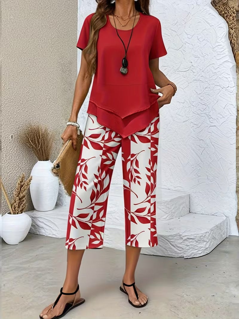 Avy™ | Conjunto de dos piezas casual con estampado de hojas