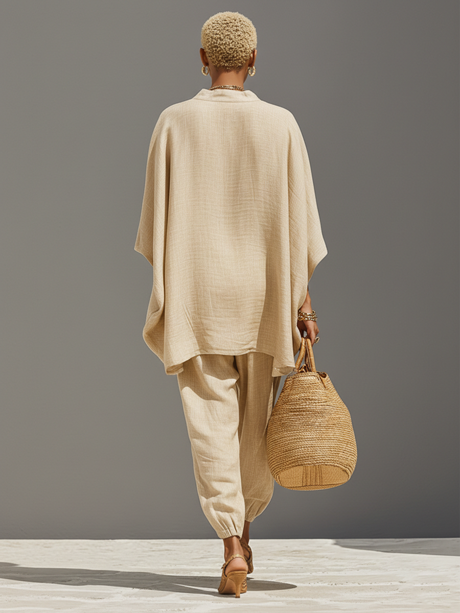 Conjunto Neutro de Lino para Mujeres con Dobladillo Asimétrico y Diseño Minimalista, Conjunto de Estilo Casual Refinado MDZ0501B3I