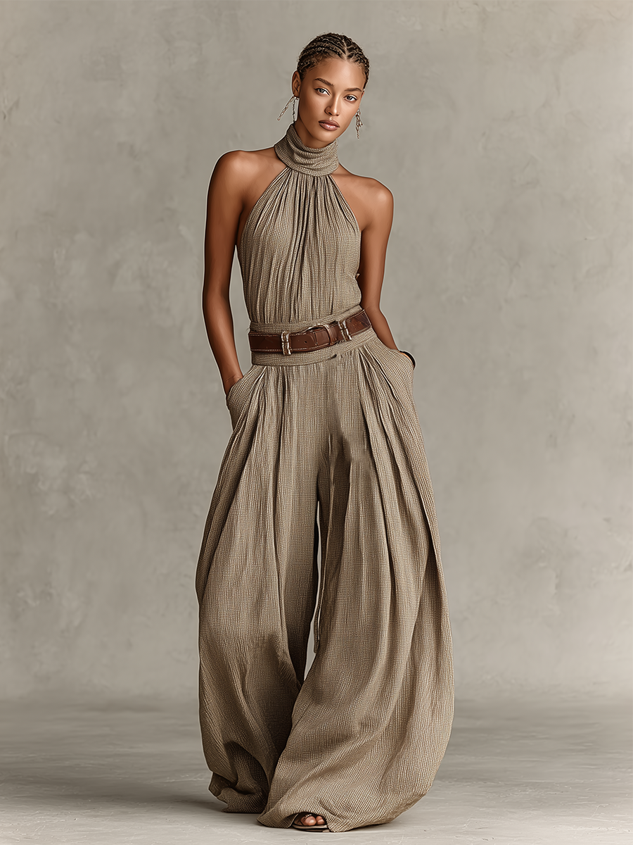 Mono Mujer Taupe Mezcla Algodón Con Cuello Halter & Pantalones Anchos, Estilo Boho-Élégante Atemporal (Sin Cinturón) MDZ0940C3I