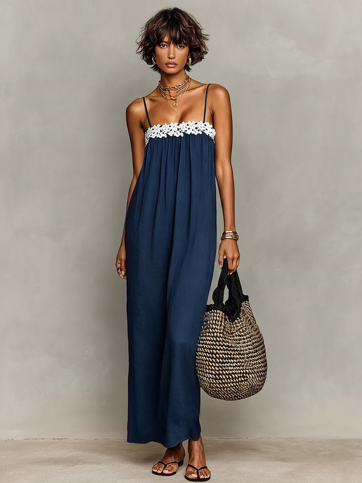Vestido Maxi Sin Mangas en Mezcla de Lino Minimalista para Mujeres con Tirantes Espagueti MDZ1926C9Y
