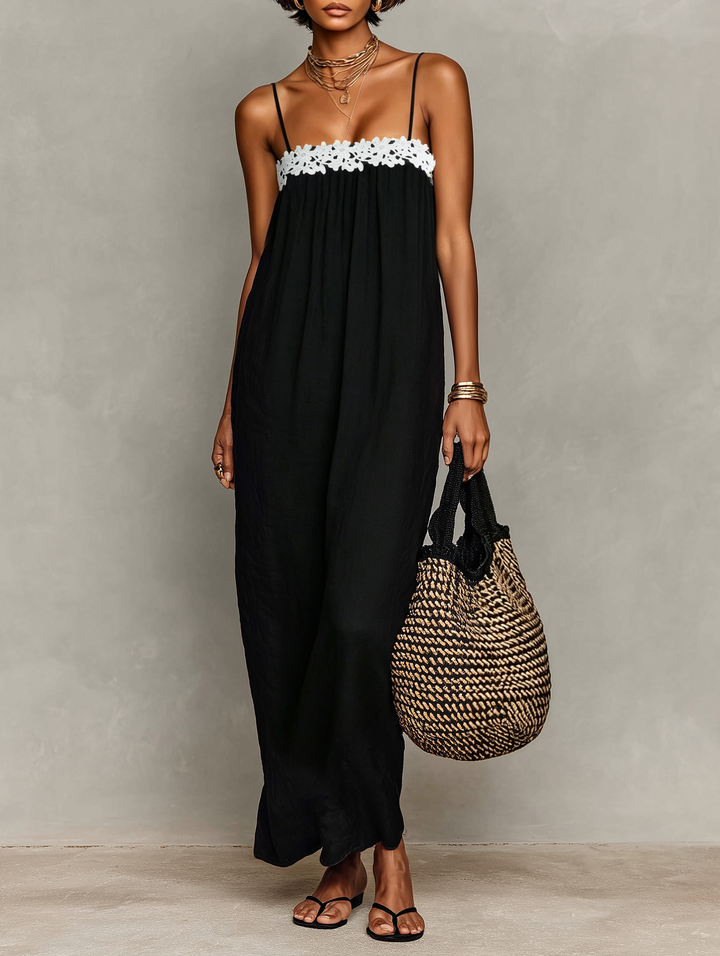 Vestido Maxi Sin Mangas en Mezcla de Lino Minimalista para Mujeres con Tirantes Espagueti MDZ1926C9Y