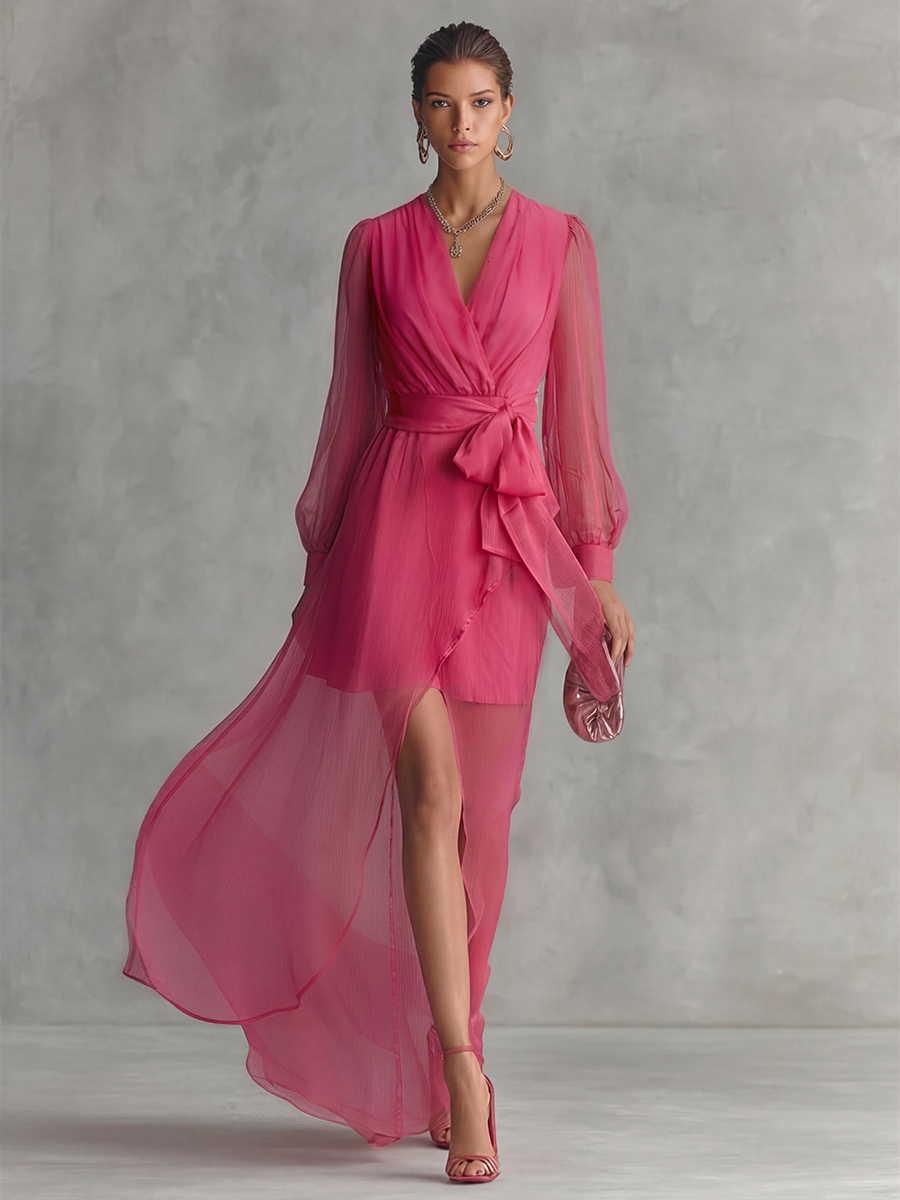 Ropa Larga Elegante de Chiffón Rosa con Perlas para Mujeres, Escote en V, Cintura Ceñida MDZ1925A7BA