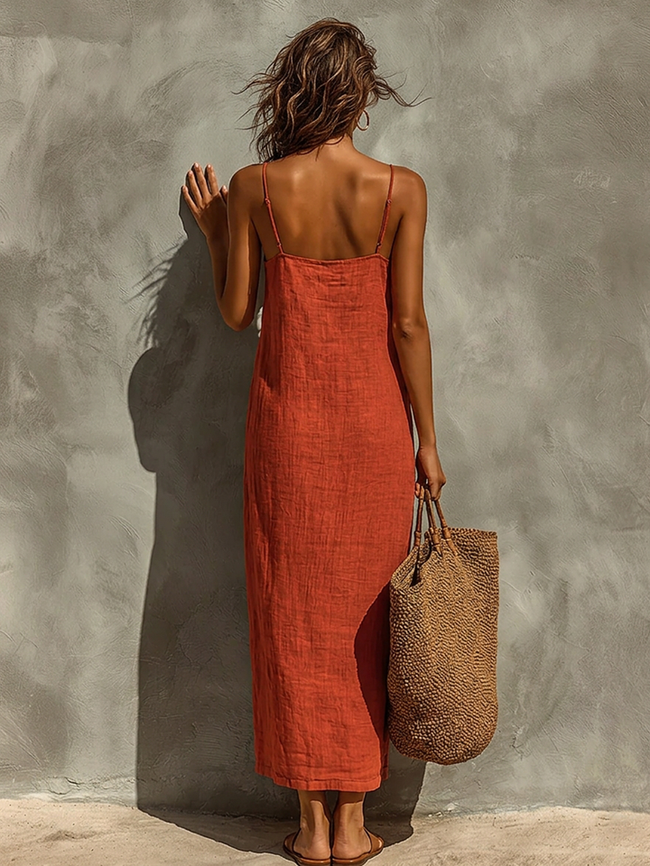 Robe Roja de Algodón para Mujeres con Tirantes Espagueti y Escote Cuadrado, Vestido de Estilo Boho-Resort Atemporal MDZ0924C3I