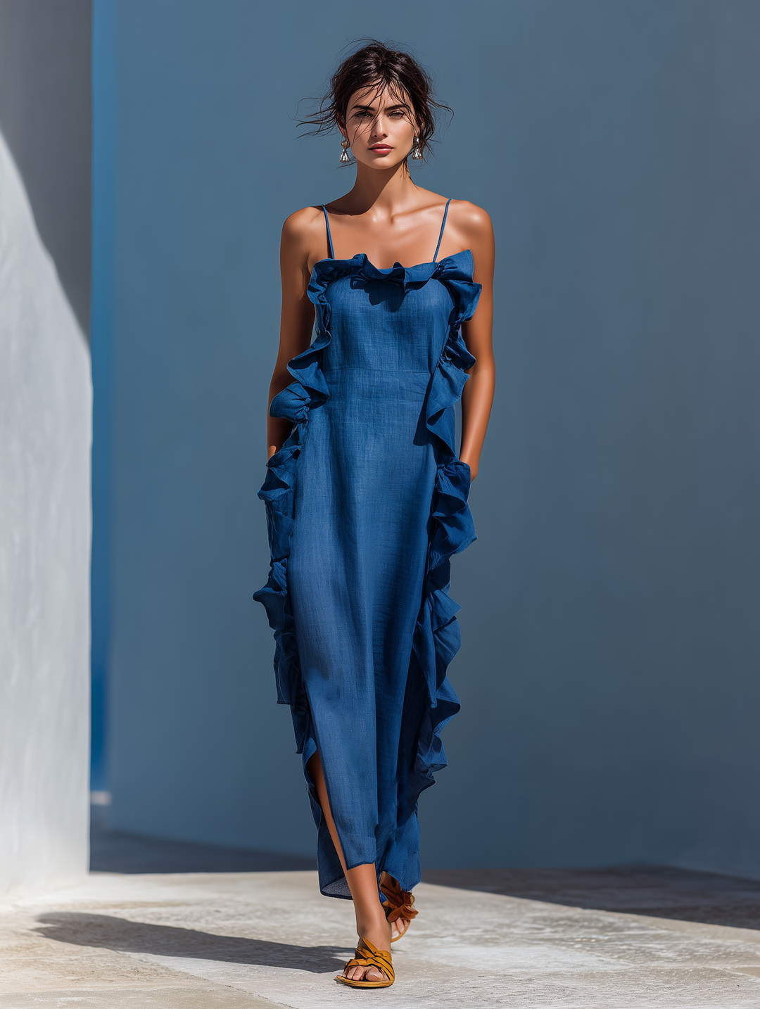 Ropa Maxi de Tirantes Espagueti en Mezcla de Lino Azul con Volantes para Mujeres MDZ2407D1T