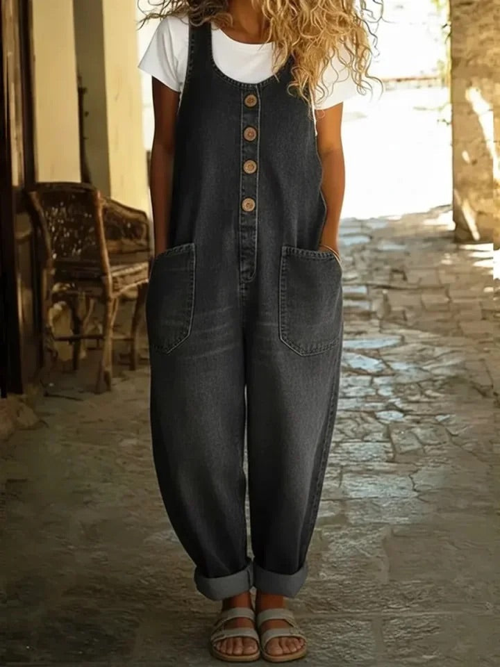 Valentina - Pantalón de tirantes de denim vintage en algodón lavado