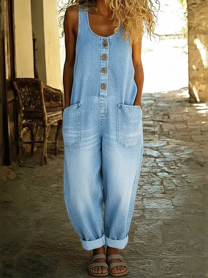 Valentina - Pantalón de tirantes de denim vintage en algodón lavado