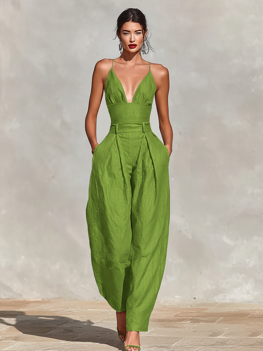 Mono de Lino Rojo para Mujeres con Tirantes Espagueti y Pantalón Plisado de Cintura Alta, Estilo Elegante y Romántico Atemporal MDZ1915C8I
