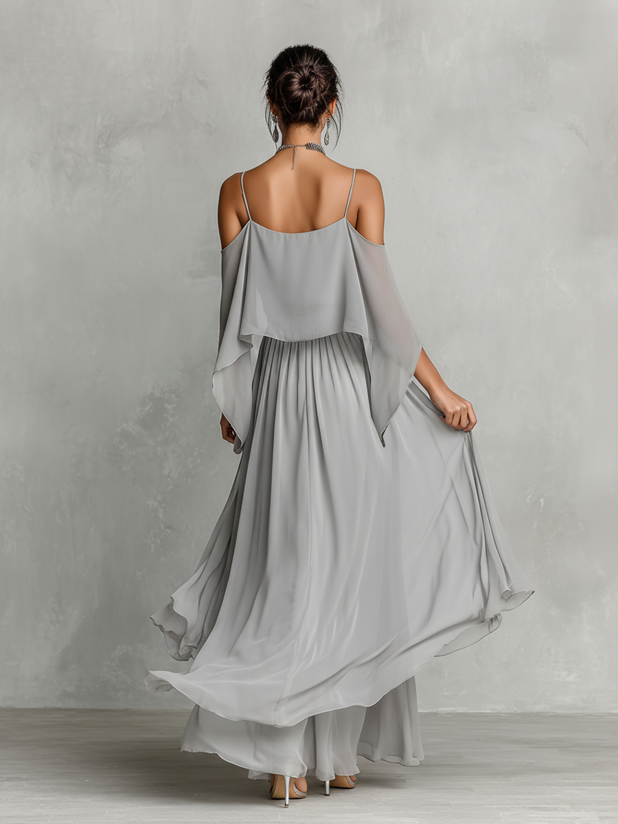 Conjunto de Chifón Transpirable Gris para Mujeres con Detalle de Hombro Descubierto & Silueta Acampanada, Estilo Femenino Lujo Contemporáneo MDZ2651B6I