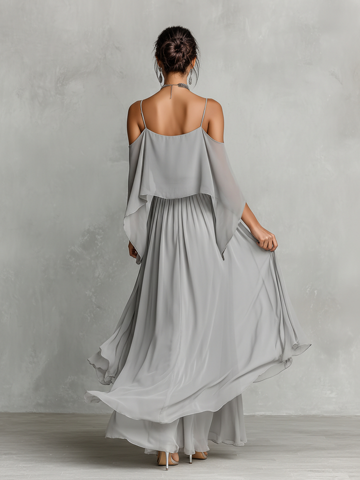 Conjunto de Chifón Transpirable Gris para Mujeres con Detalle de Hombro Descubierto & Silueta Acampanada, Estilo Femenino Lujo Contemporáneo MDZ2651B6I
