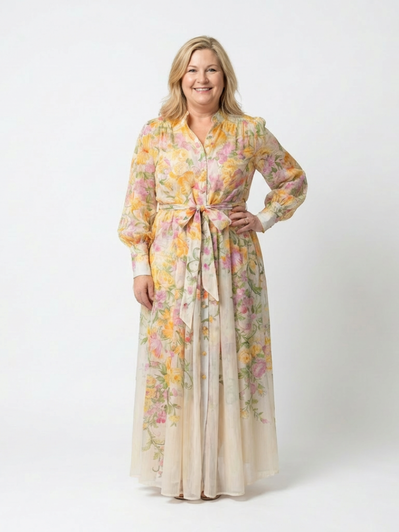 Cressida | Vestido maxi floral y transparente con mangas largas