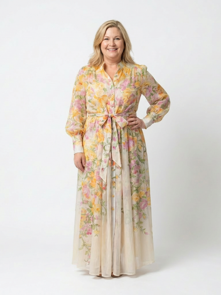 Cressida | Vestido maxi floral y transparente con mangas largas