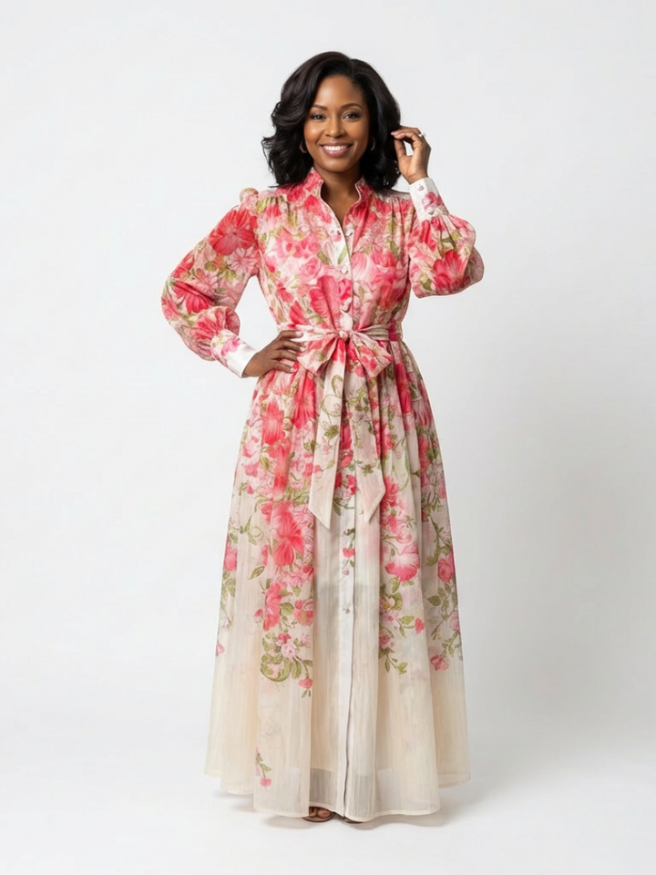 Cressida | Vestido maxi floral y transparente con mangas largas