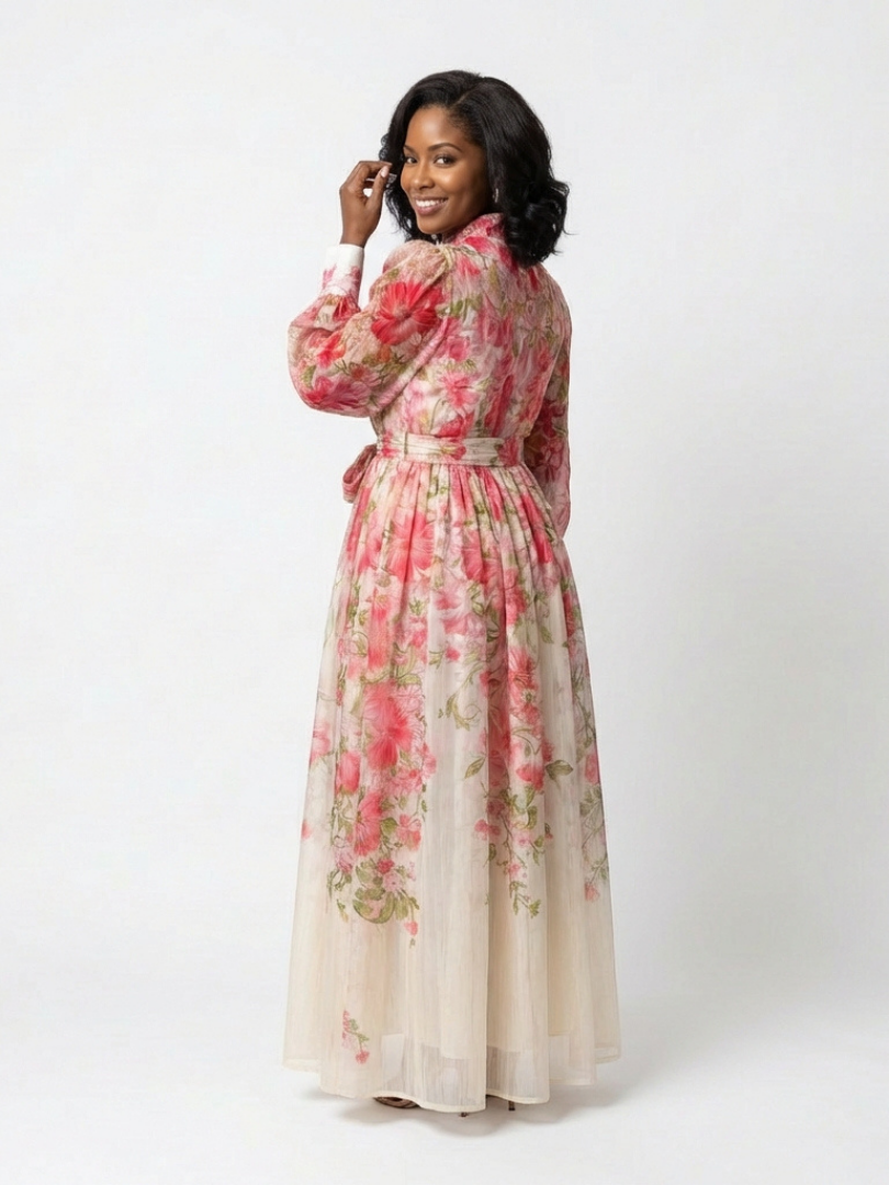 Cressida | Vestido maxi floral y transparente con mangas largas