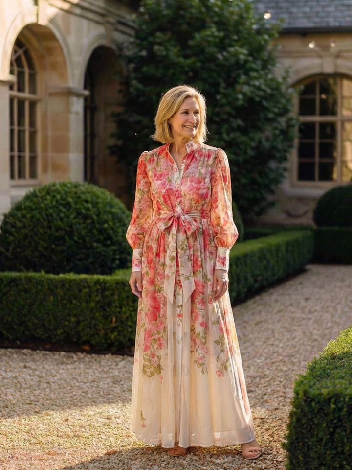 Cressida | Vestido maxi floral y transparente con mangas largas