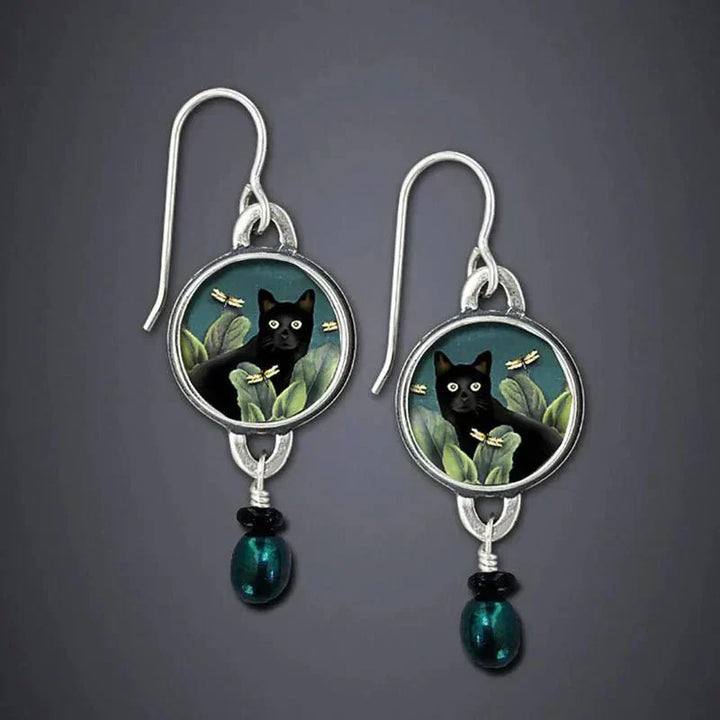 Pendientes colgantes vintage tropicales en forma de gato negro