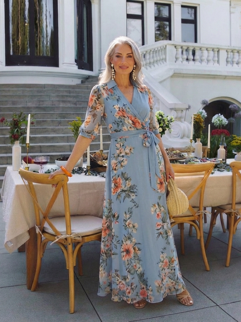 Elowen | Vestido maxi con escote en V y motivos florales