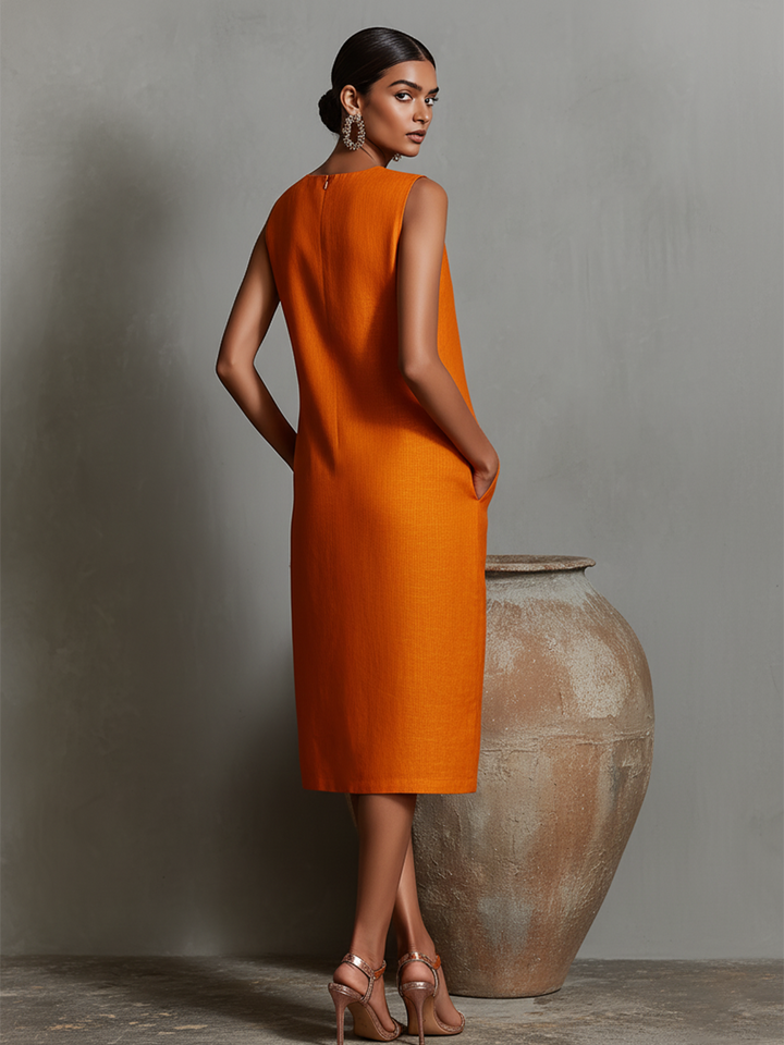 Ropa Shift de Lino Naranja para Mujeres con Cuello Redondo Sin Mangas y Bolsillos Laterales, Estilo Elegante Minimalista Atemporal MDZ2851C7I