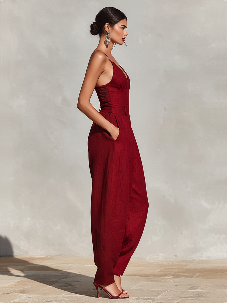 Mono de Lino Rojo para Mujeres con Tirantes Espagueti y Pantalón Plisado de Cintura Alta, Estilo Elegante y Romántico Atemporal MDZ1915C8I