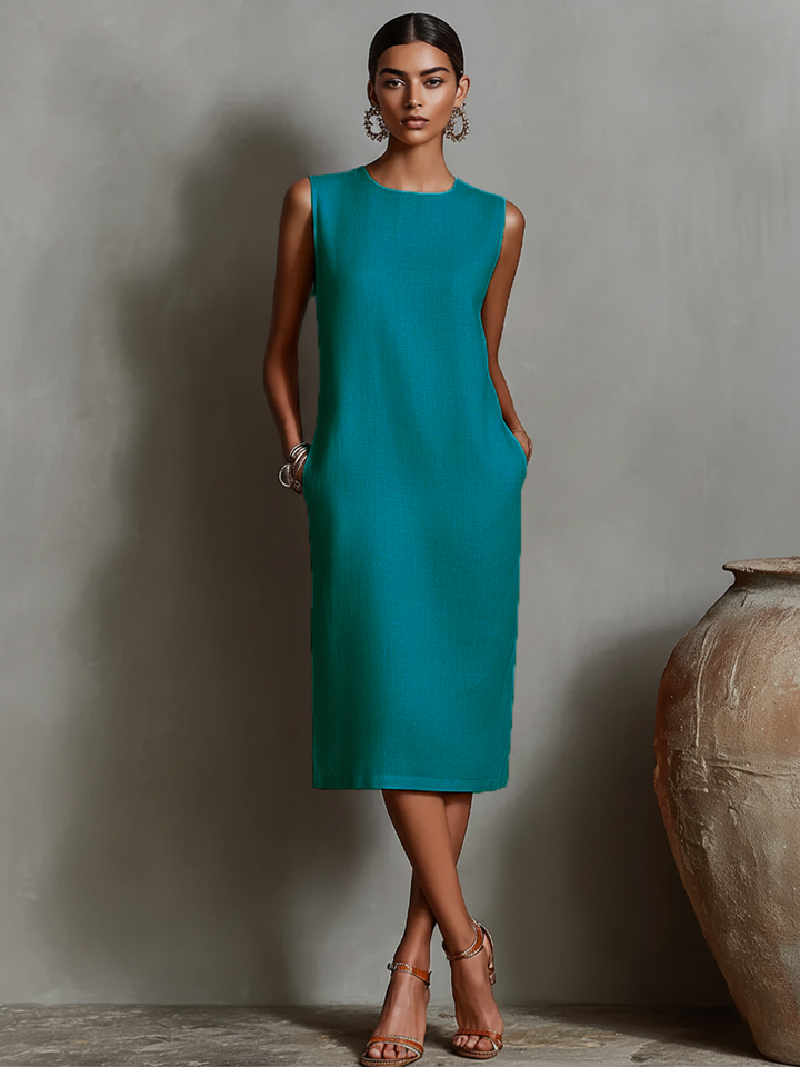 Ropa Shift de Lino Naranja para Mujeres con Cuello Redondo Sin Mangas y Bolsillos Laterales, Estilo Elegante Minimalista Atemporal MDZ2851C7I